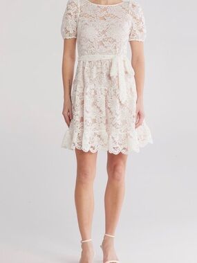 Vince Camuto Ivory Lace Short-Sleeve Mini Dress